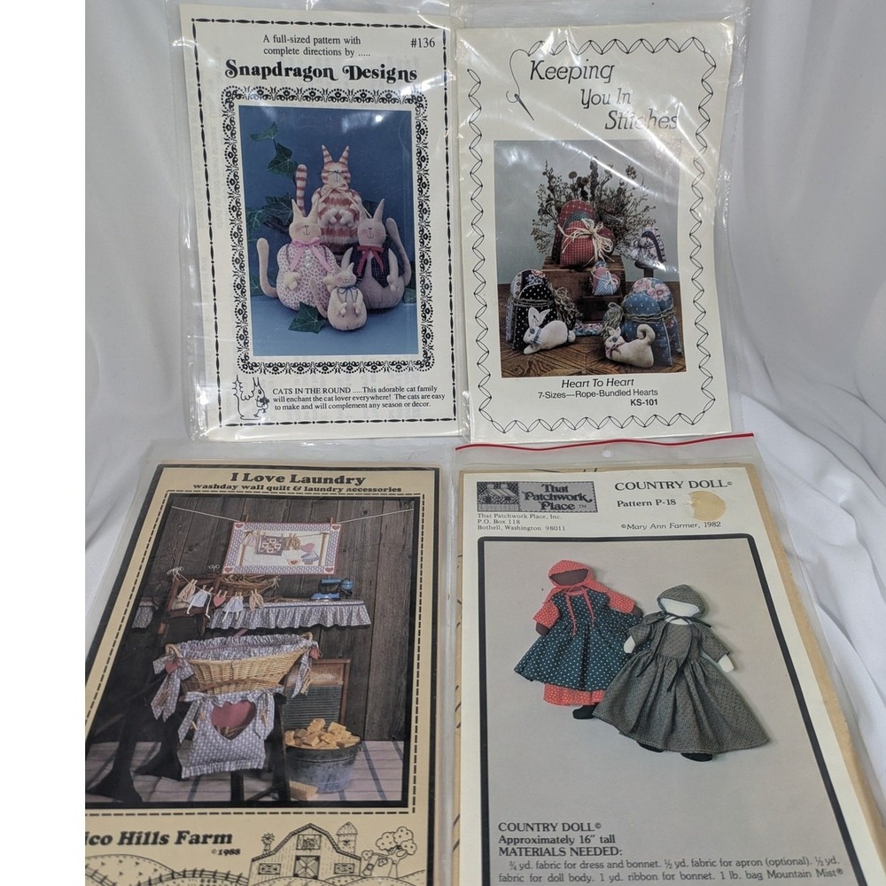 4 Vintage Sewing Patterns - Doll, Cat, Hearts, Bunny - Cottage Country - Unused